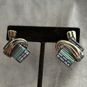Vintage 80s Geometric Post Earrings‎ Silver Tone Abstract Memphis Style
